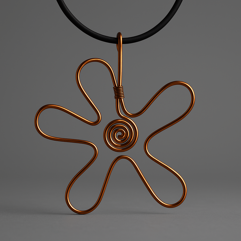 A decorative pendant made of spiraled copper wire, shaped like a flower, hanging from a black necklace.